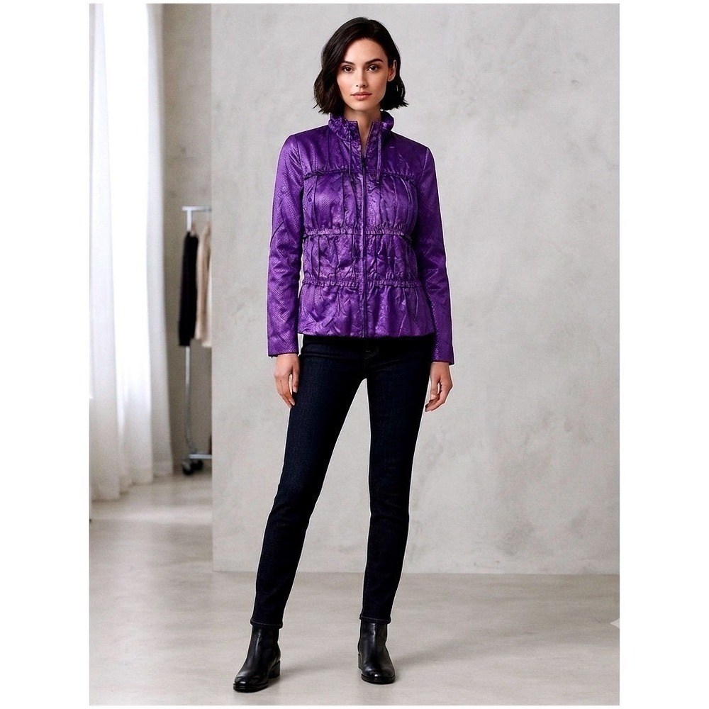 Laura Ashley Purple Snakeskin Ruffle Zip Front Jacket Size PM